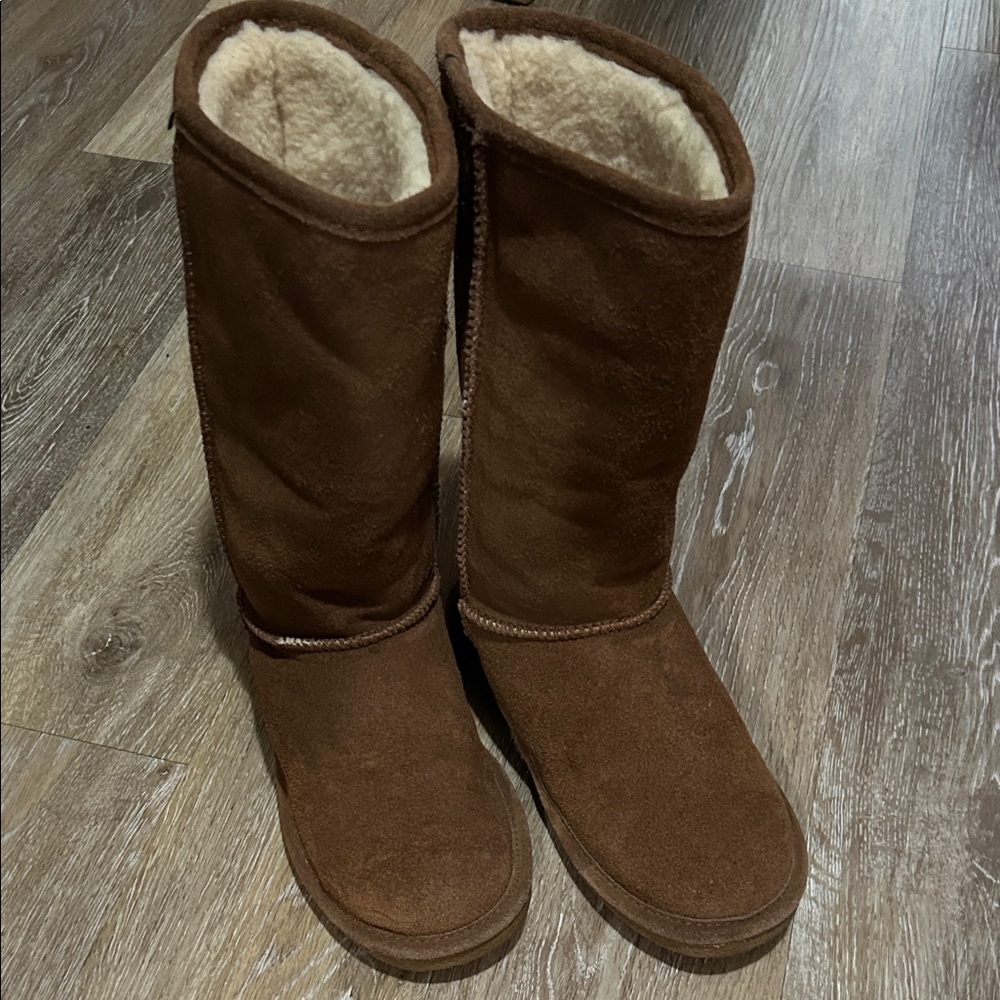 BearPaw Tall Chestnut Genuine Suede Sheepskin Boots - Picture 3 of 12
